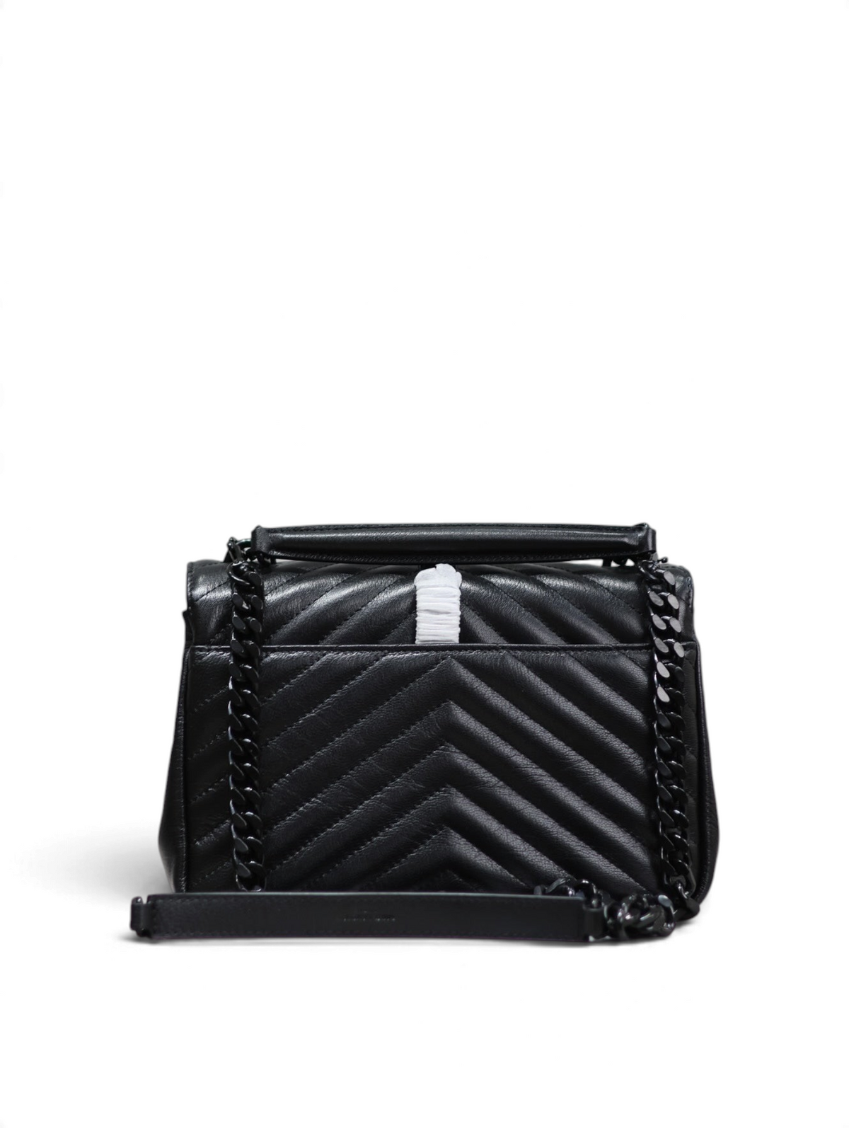 SWORD LUXURY siyah chevron kapitone deri çanta, gunmetal zincir askı ve ikonik YSL monogram detaylı