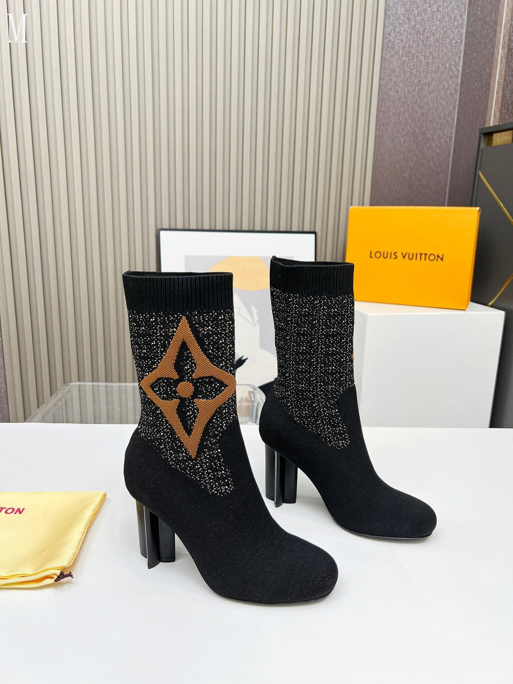 Monogram Knit Block Heel Boots