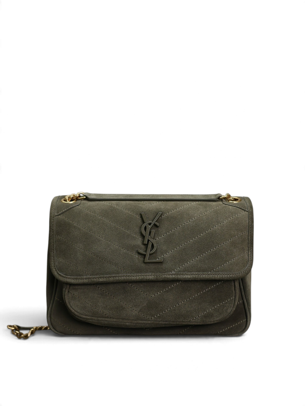 SWORD LUXURY Saint Laurent Niki orta boy haki süet omuz çantası, chevron dikişli ve mat siyah YSL logolu.