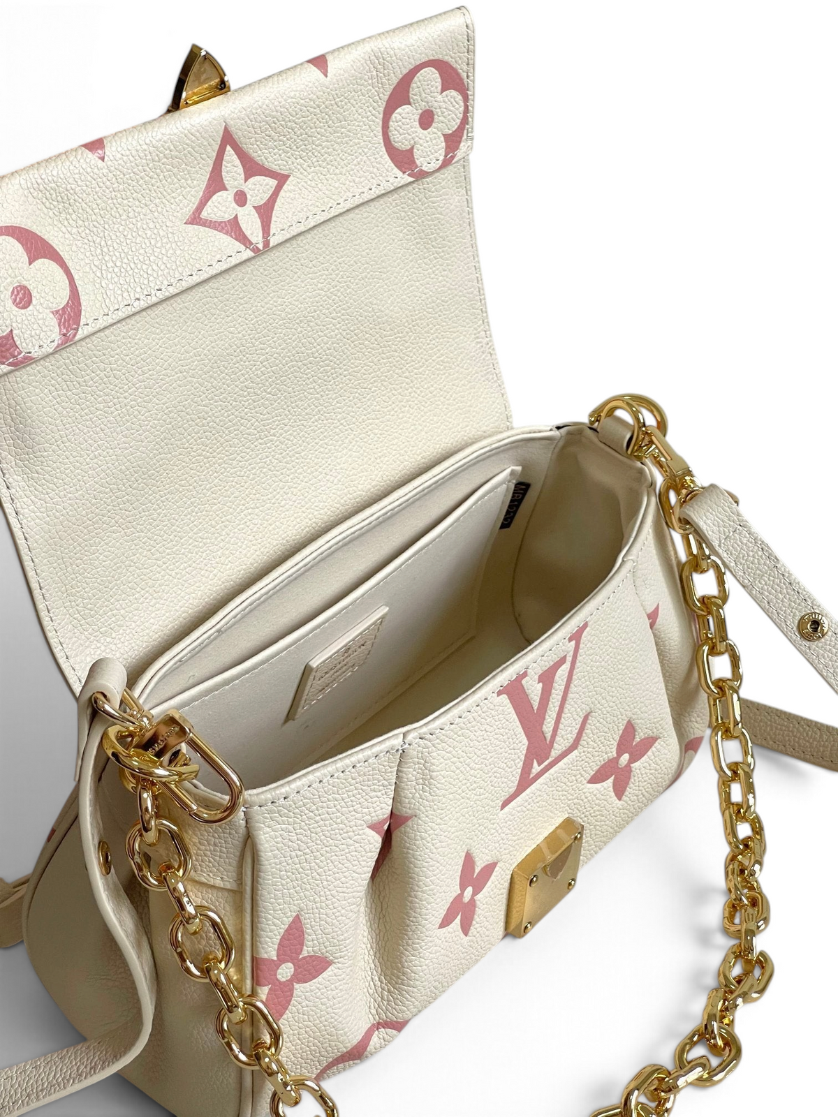 SWORD LUXURY Louis Vuitton Favorite çanta, bej ve pembe Monogram Empreinte deri, altın zincir askılı iç detay görünümü