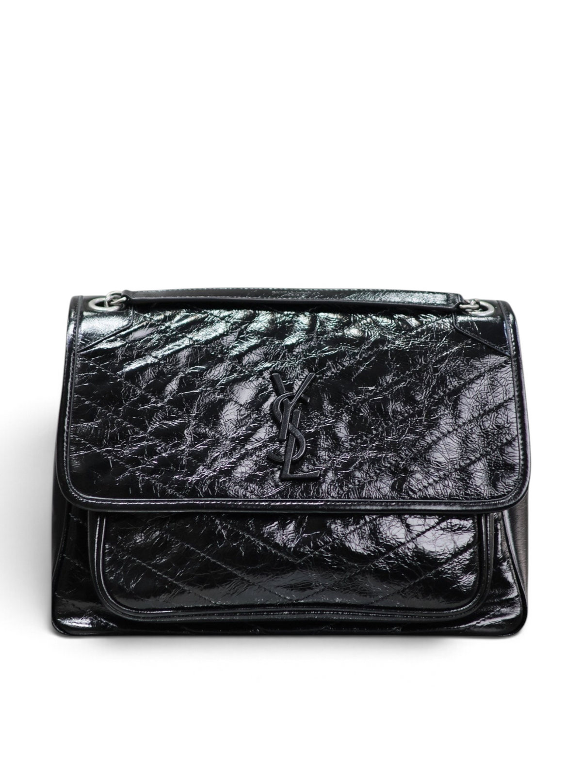 SWORD LUXURY siyah crinkled deri Saint Laurent Niki orta boy omuz çantası, ikonik YSL logolu ve kapitone detaylı.