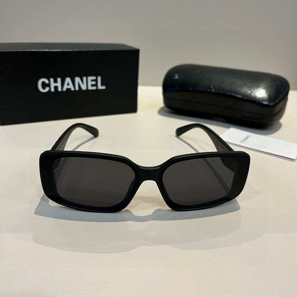 Quilted-Temple Rectangle Sunglasses - Black - View 2