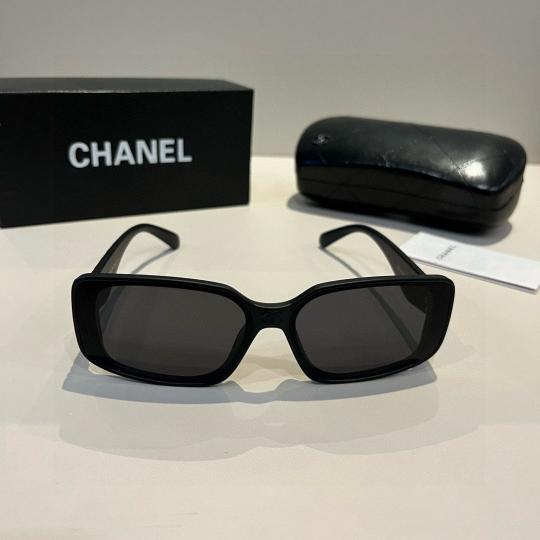 Quilted-Temple Rectangle Sunglasses - Black - View 2