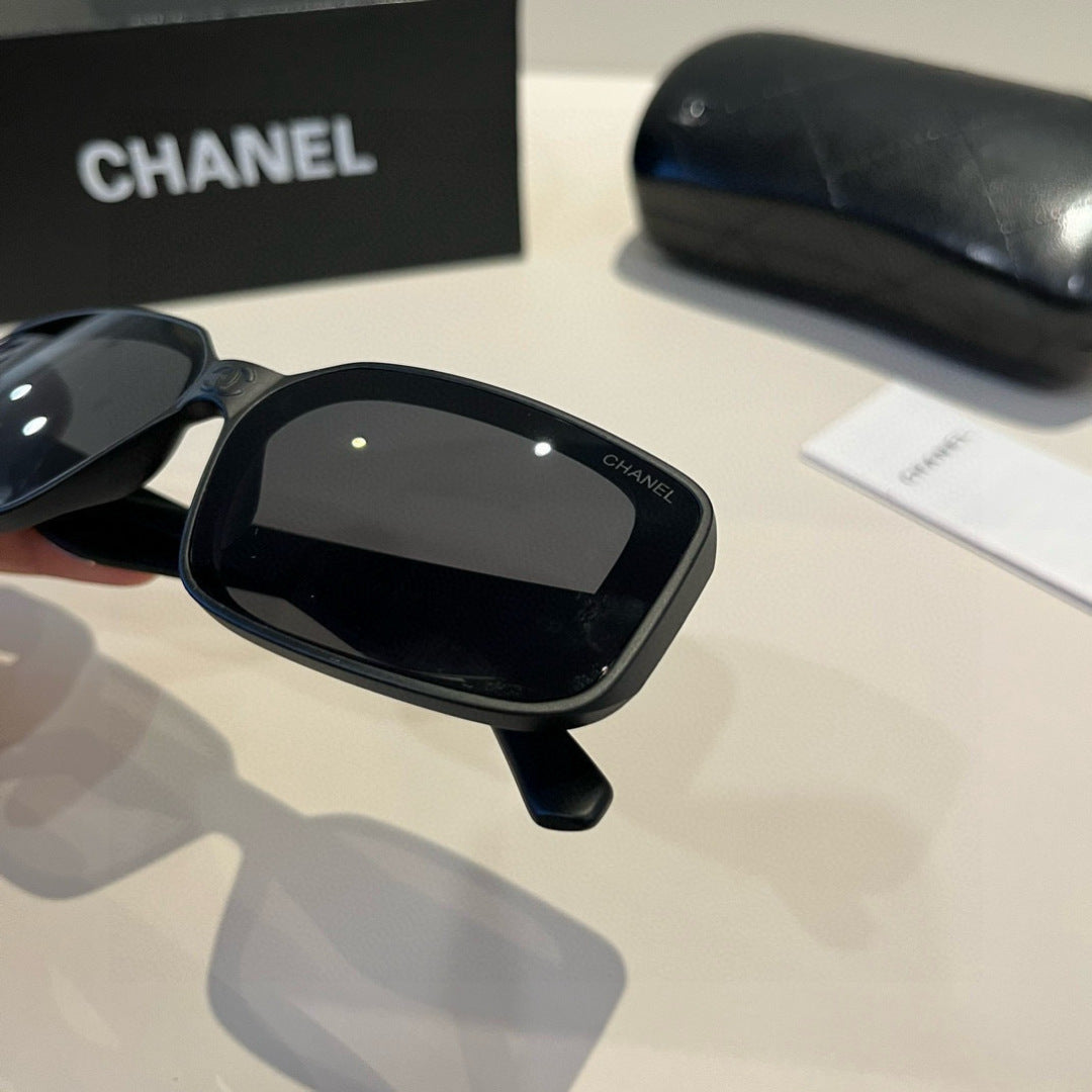 Quilted-Temple Rectangle Sunglasses - Black - View 5