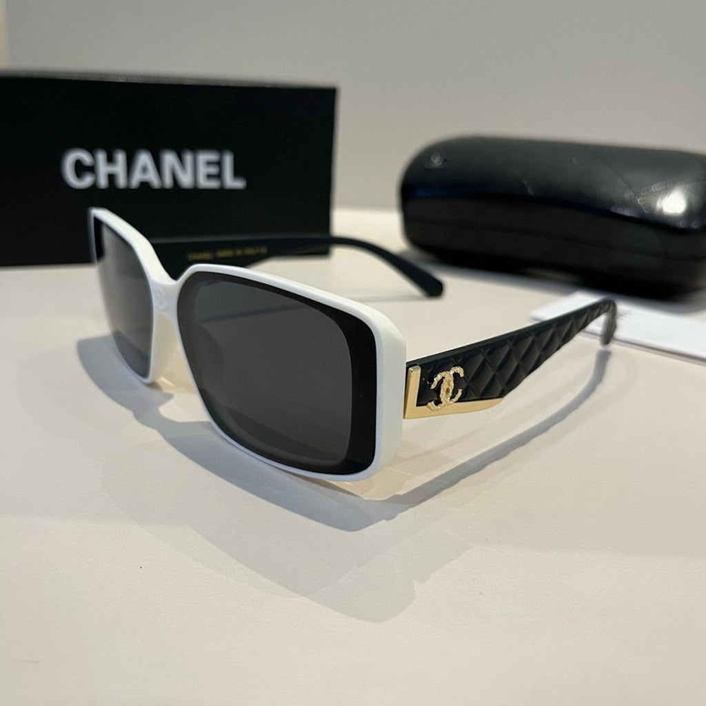 Quilted-Temple Rectangle Sunglasses - White/Black - View 3