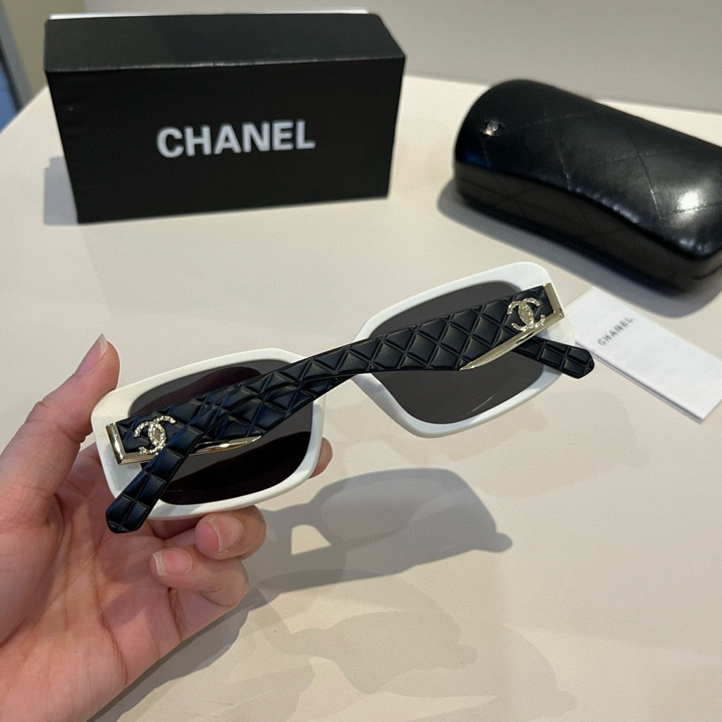 Quilted-Temple Rectangle Sunglasses - White/Black - View 9