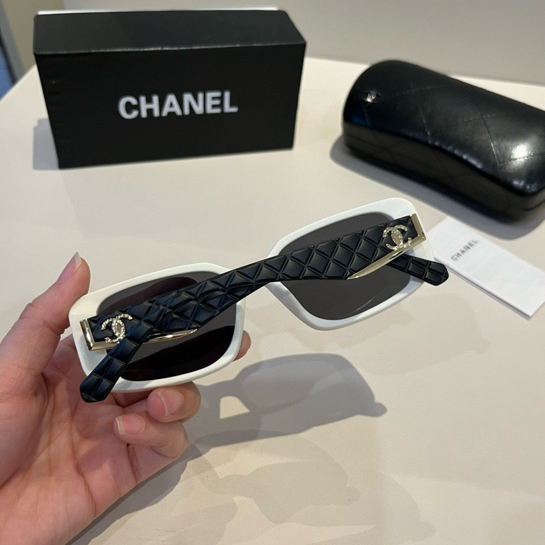Quilted-Temple Rectangle Sunglasses - White/Black - View 9
