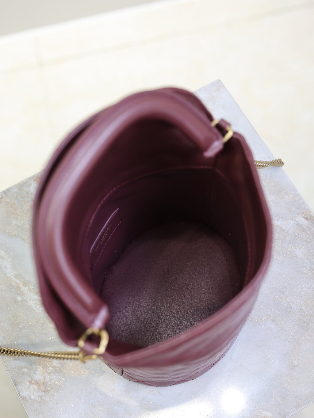 Saint Laurent Gaby Bucket Bag in Burgundy Quilted calfskin Leather - Detail View 7