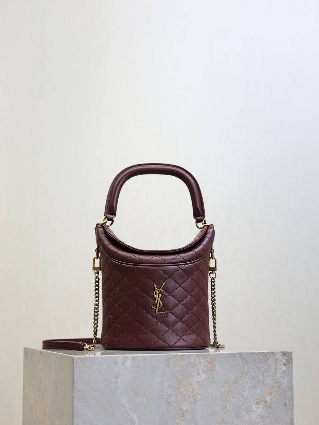 Saint Laurent Gaby Bucket Bag in Burgundy Quilted calfskin Leather - Front View