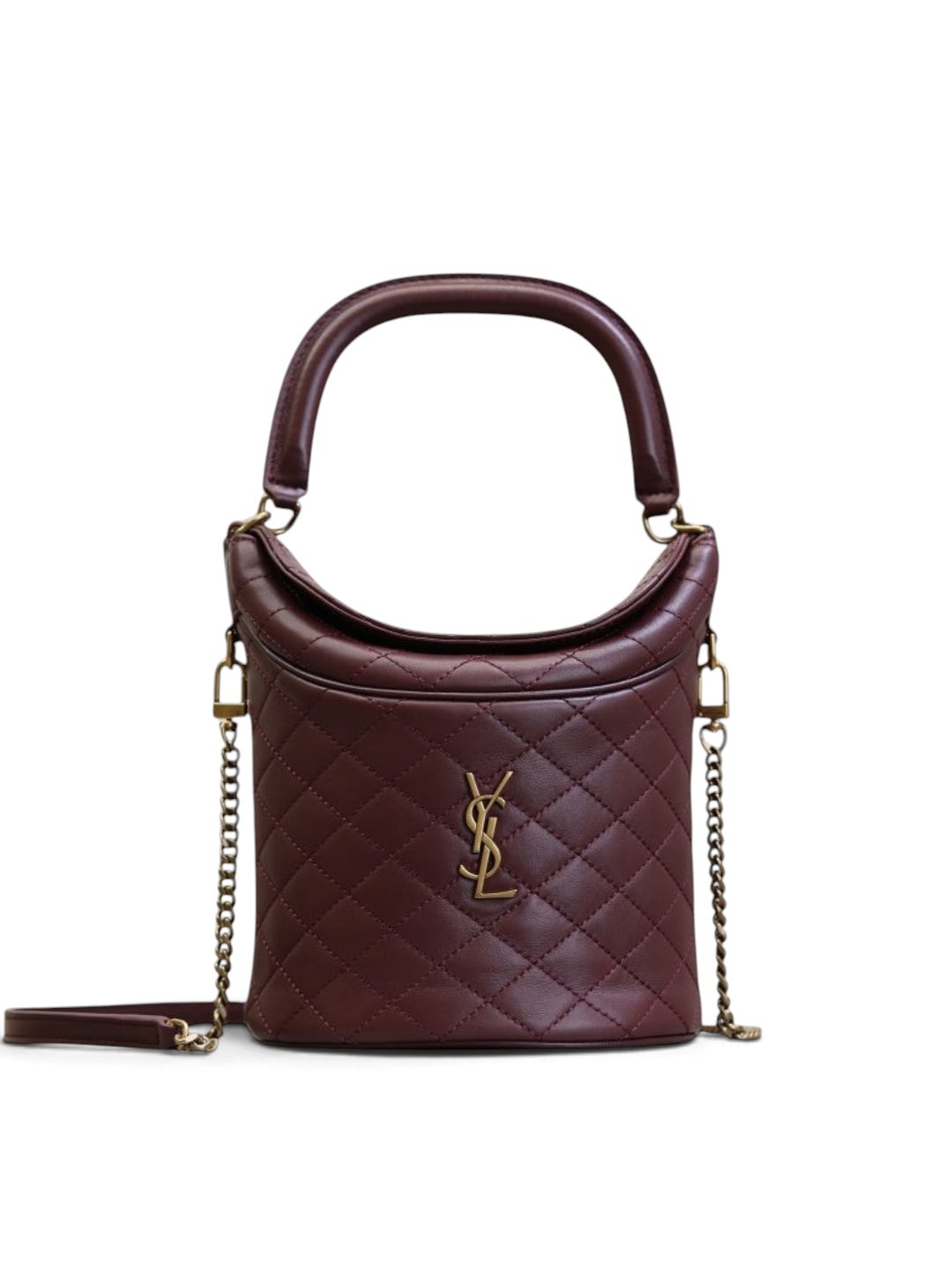 Saint Laurent Gaby Bucket Bag in Burgundy Quilted calfskin Leather - Front View