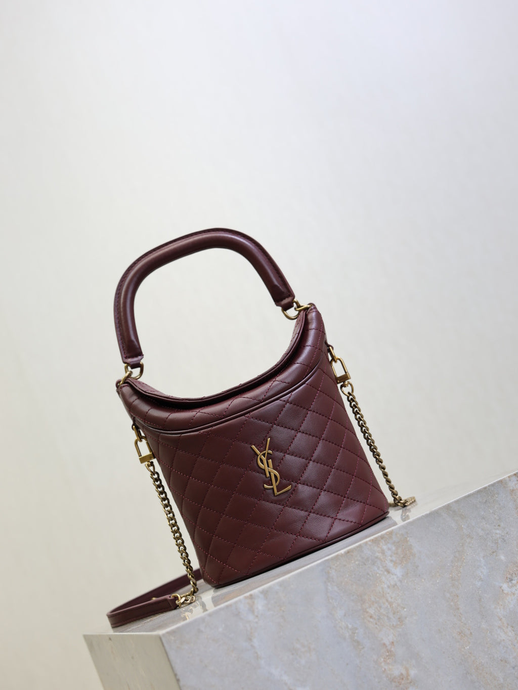 Saint Laurent Gaby Bucket Bag in Burgundy Quilted calfskin Leather - Detail View 2
