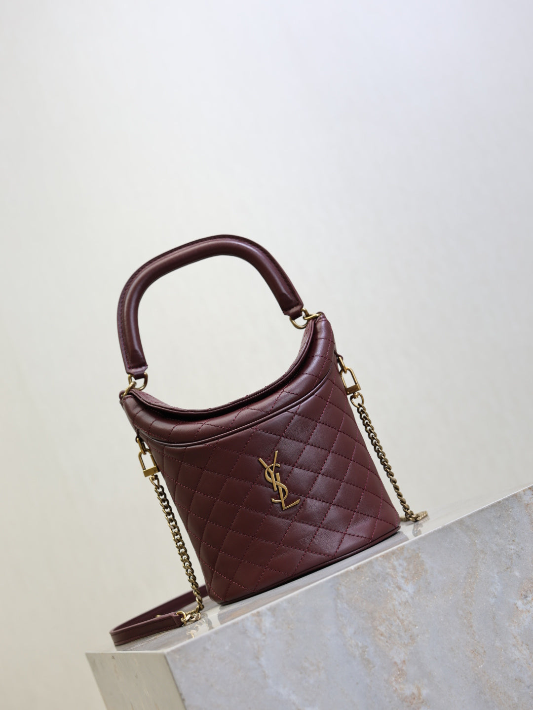 Saint Laurent Gaby Bucket Bag in Burgundy Quilted calfskin Leather - Detail View 2