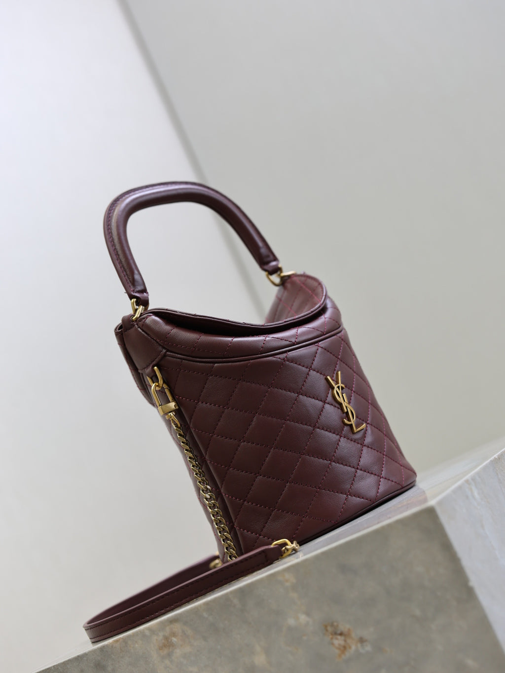 Saint Laurent Gaby Bucket Bag in Burgundy Quilted calfskin Leather - Detail View 3