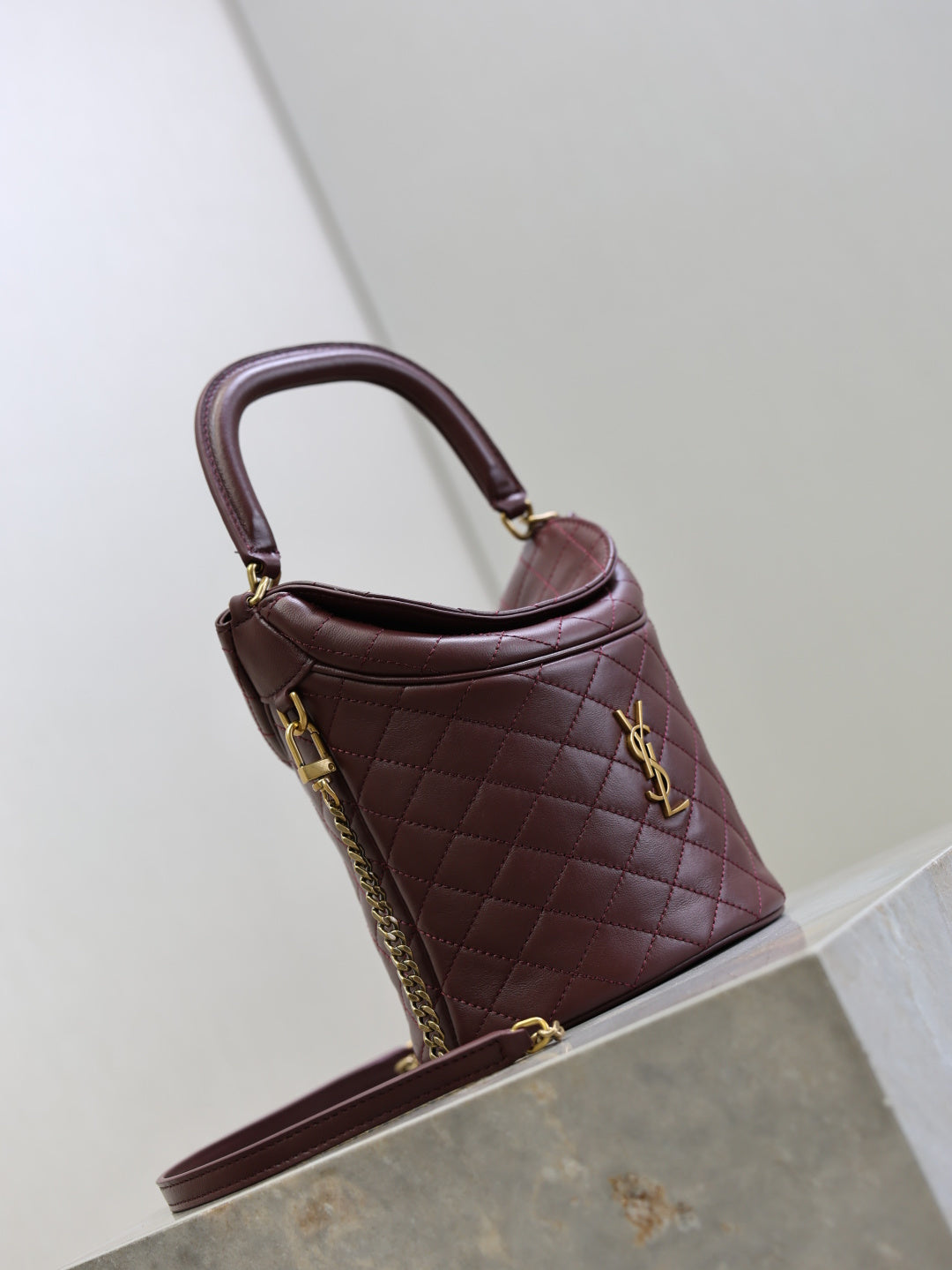 Saint Laurent Gaby Bucket Bag in Burgundy Quilted calfskin Leather - Detail View 3