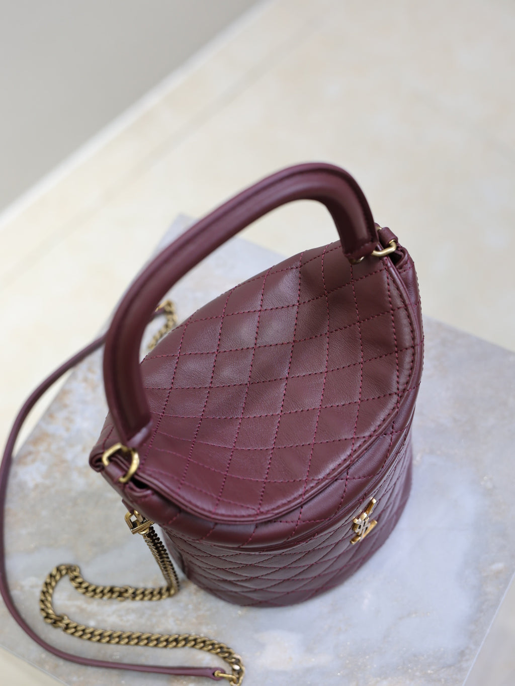 Saint Laurent Gaby Bucket Bag in Burgundy Quilted calfskin Leather - Detail View 6