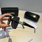 Chain-Temple Rimless Square Sunglasses - Black/Silver - View 4