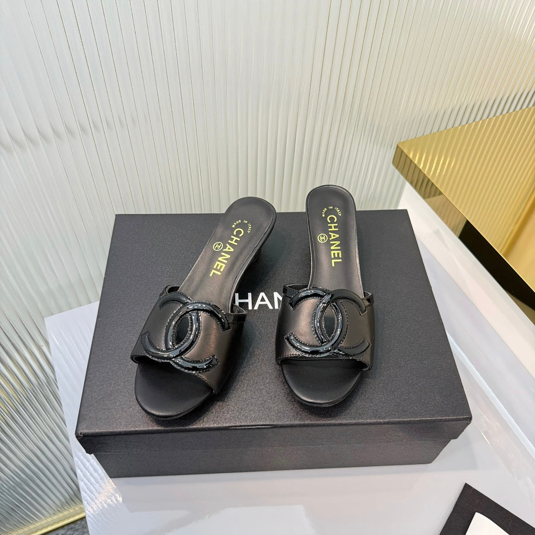 Double C Mid-Heel Slide Sandals - Black - View 1