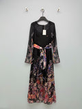 Bird Print Scarf-Belt Chiffon Maxi Dress - Black Floral - View 1