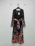 Bird Print Scarf-Belt Chiffon Maxi Dress - Black Floral - View 1