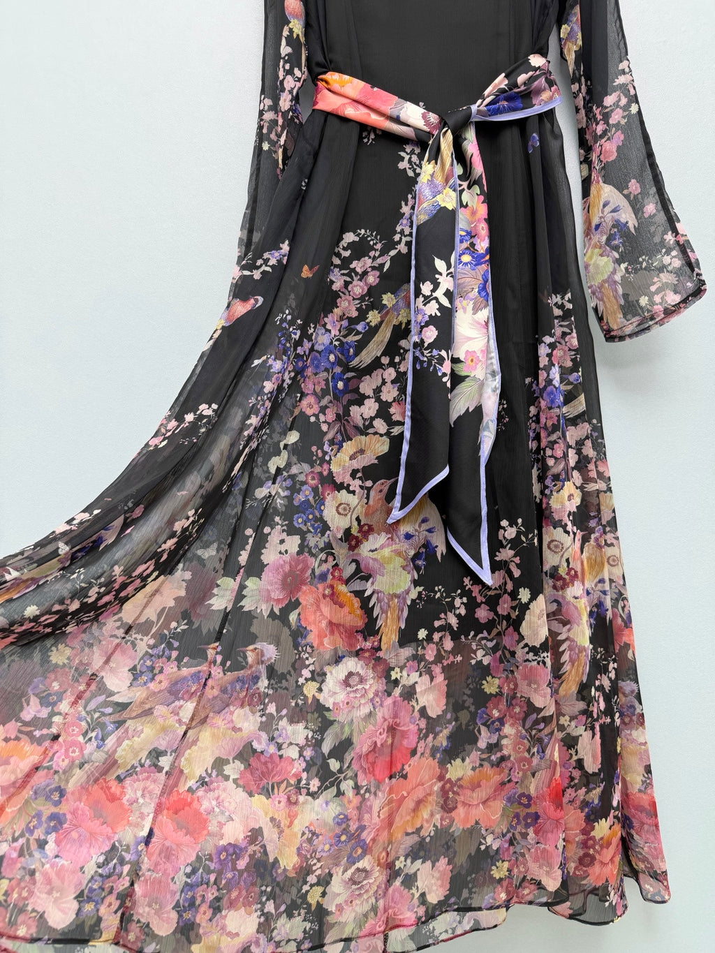 Bird Print Scarf-Belt Chiffon Maxi Dress - Black Floral - View 6