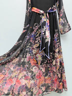 Bird Print Scarf-Belt Chiffon Maxi Dress - Black Floral - View 6