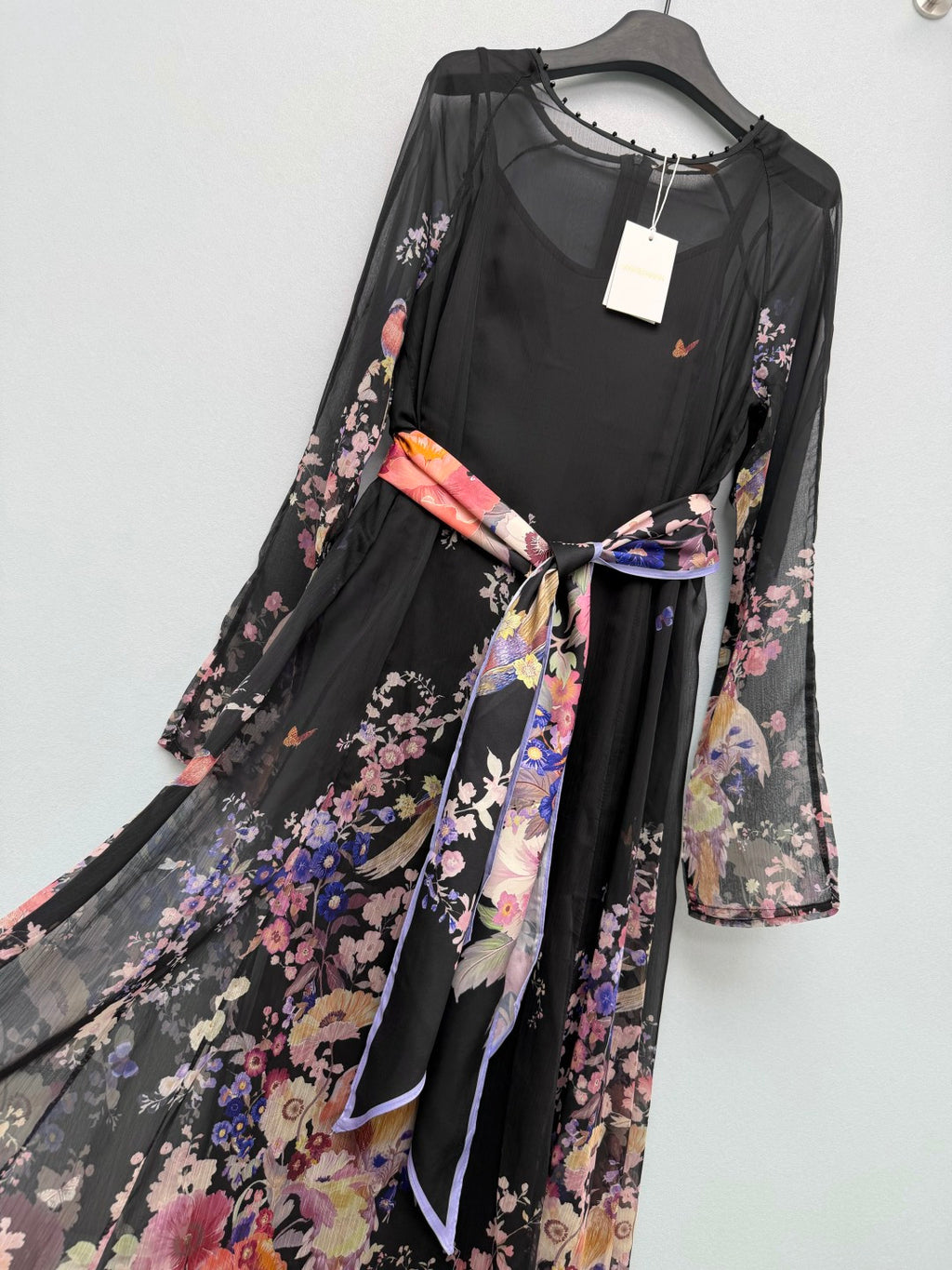 Bird Print Scarf-Belt Chiffon Maxi Dress - Black Floral - View 4