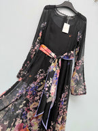 Bird Print Scarf-Belt Chiffon Maxi Dress - Black Floral - View 4