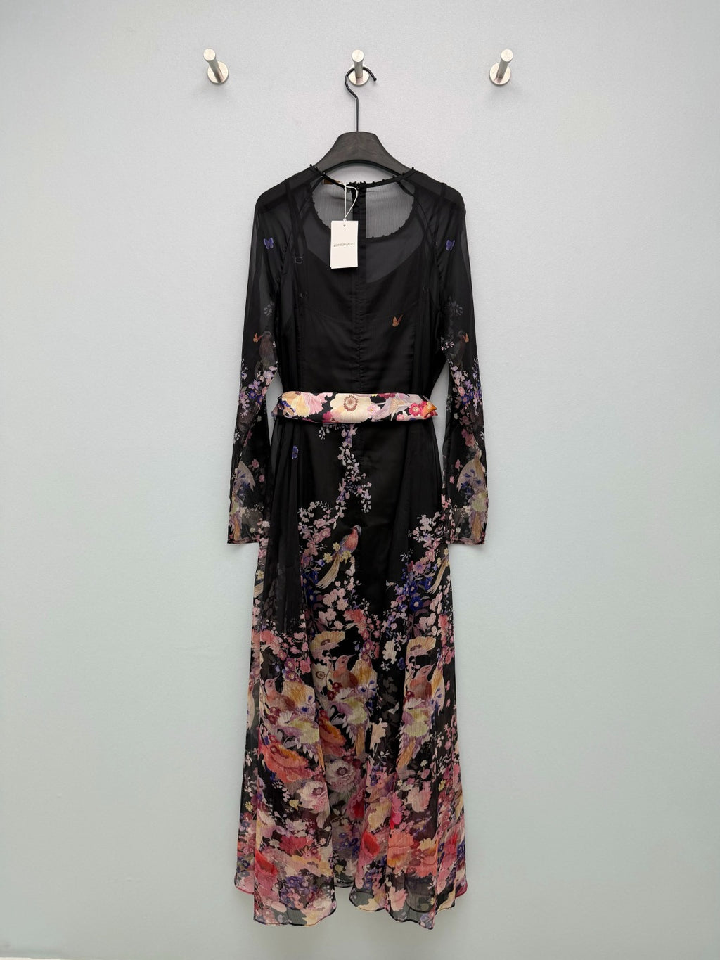 Bird Print Scarf-Belt Chiffon Maxi Dress - Black Floral - View 9