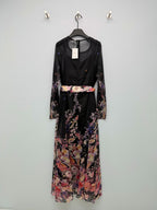 Bird Print Scarf-Belt Chiffon Maxi Dress - Black Floral - View 9