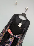 Bird Print Scarf-Belt Chiffon Maxi Dress - Black Floral - View 3