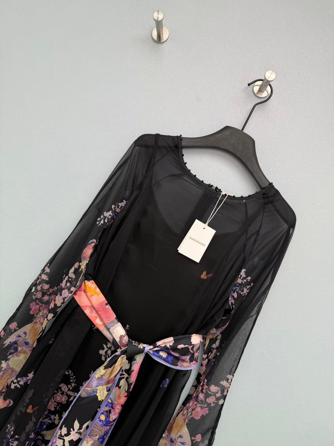 Bird Print Scarf-Belt Chiffon Maxi Dress - Black Floral - View 3