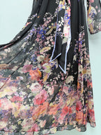 Bird Print Scarf-Belt Chiffon Maxi Dress - Black Floral - View 7