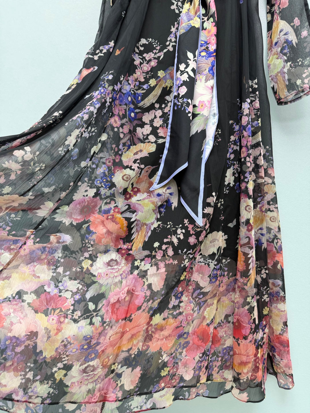 Bird Print Scarf-Belt Chiffon Maxi Dress - Black Floral - View 7