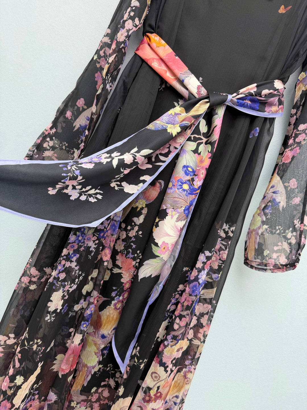 Bird Print Scarf-Belt Chiffon Maxi Dress - Black Floral - View 5