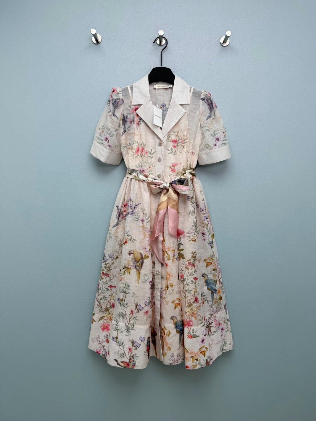 Bird Print Scarf-Belt Shirt Dress - Ivory Multicolor - View 1