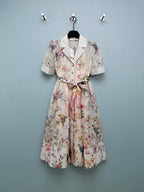 Bird Print Scarf-Belt Shirt Dress - Ivory Multicolor - View 1