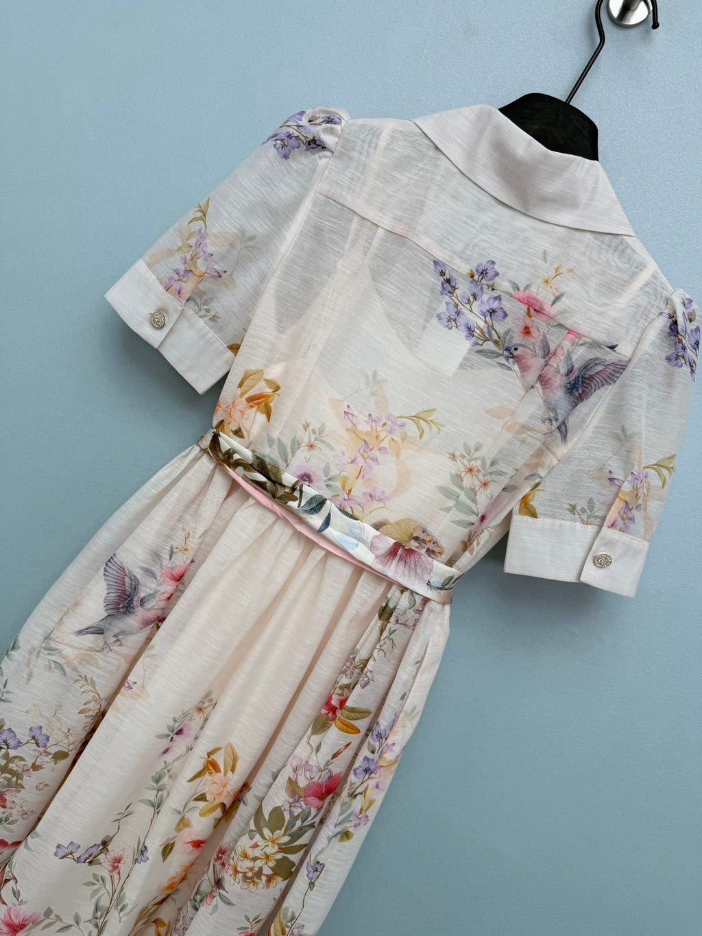 Bird Print Scarf-Belt Shirt Dress - Ivory Multicolor - View 9
