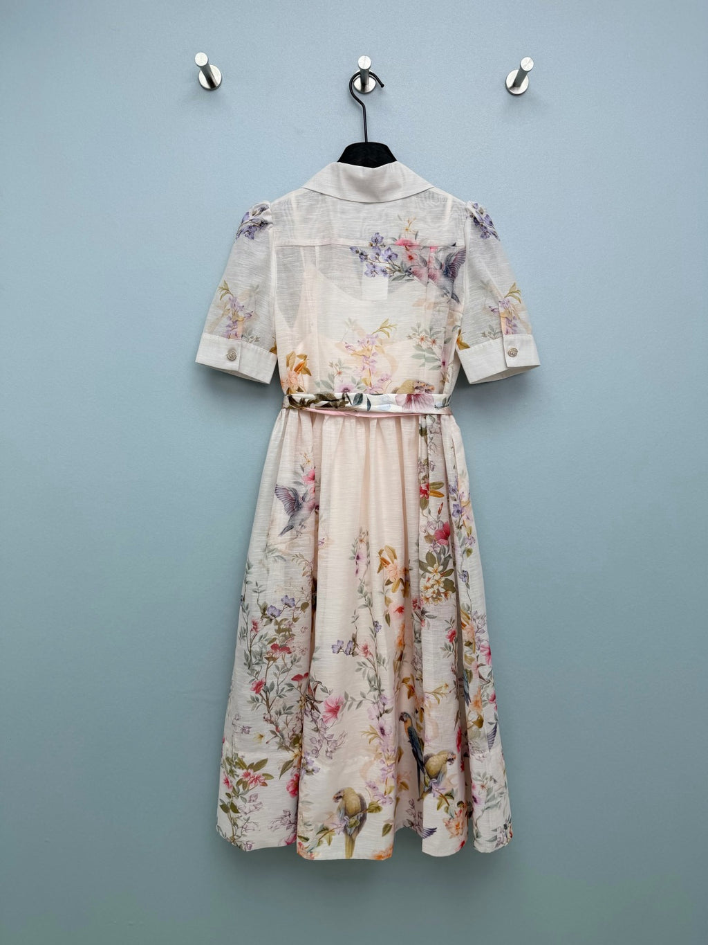 Bird Print Scarf-Belt Shirt Dress - Ivory Multicolor - View 8