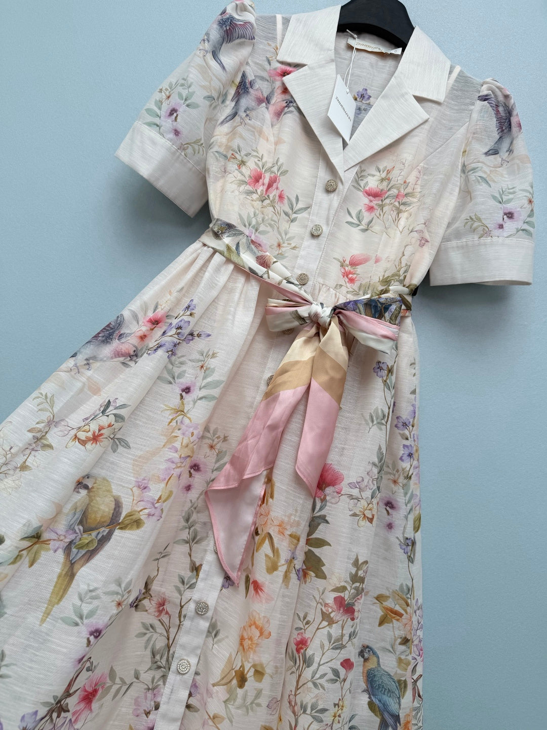 Bird Print Scarf-Belt Shirt Dress - Ivory Multicolor - View 5