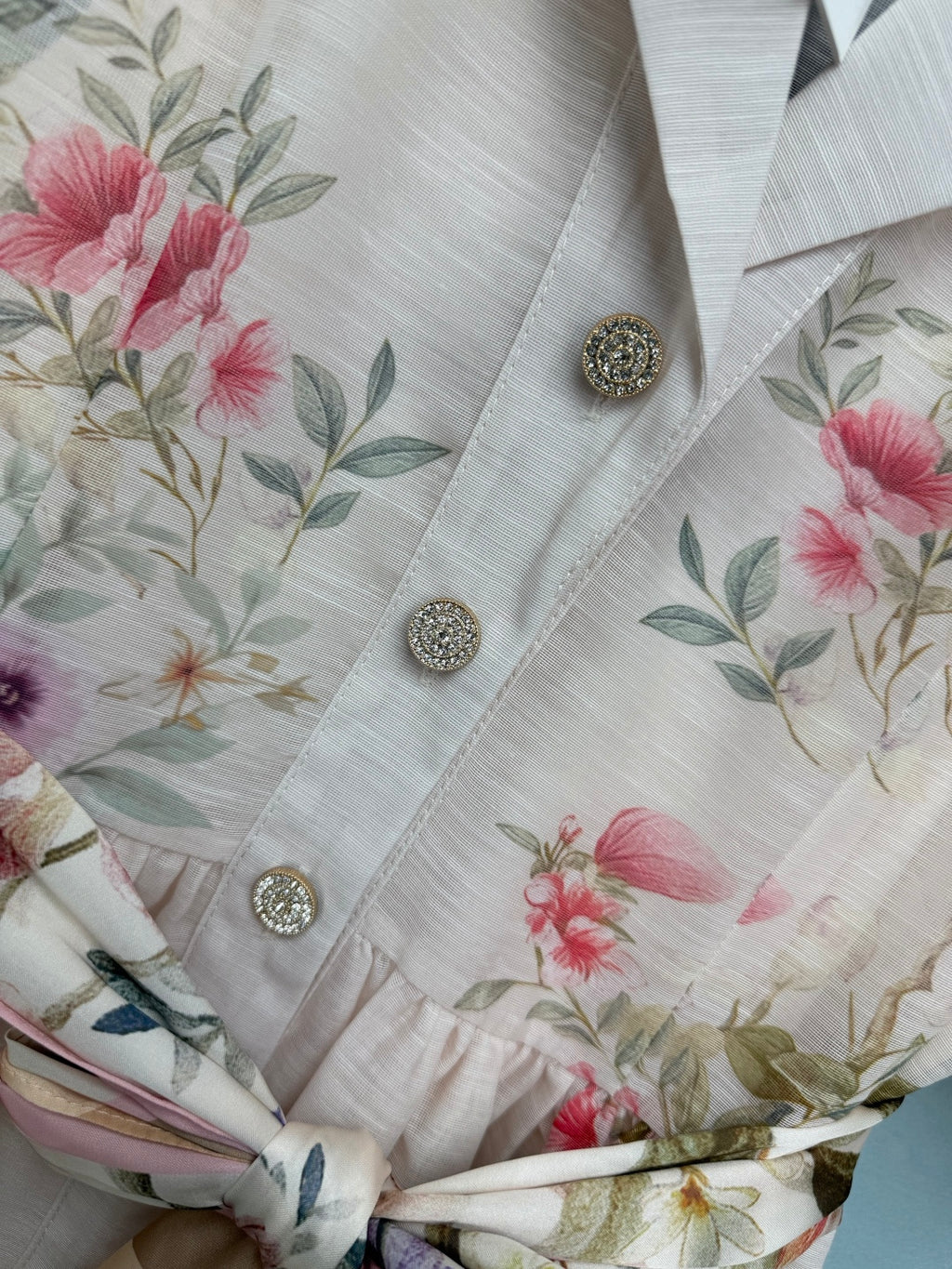 Bird Print Scarf-Belt Shirt Dress - Ivory Multicolor - View 3