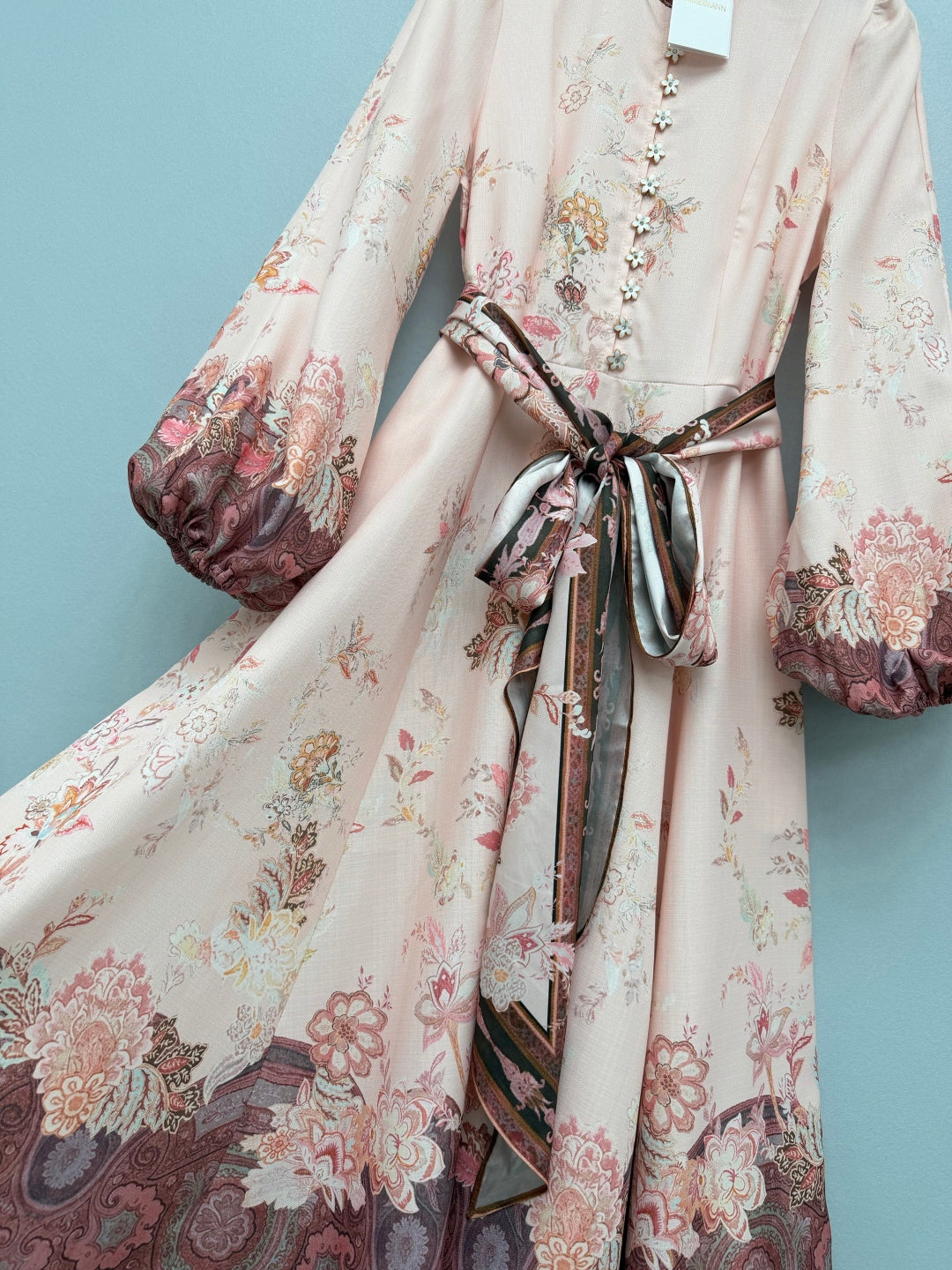 Floral Scarf-Belt High-Neck Maxi Dress - Blush Pink - View 15