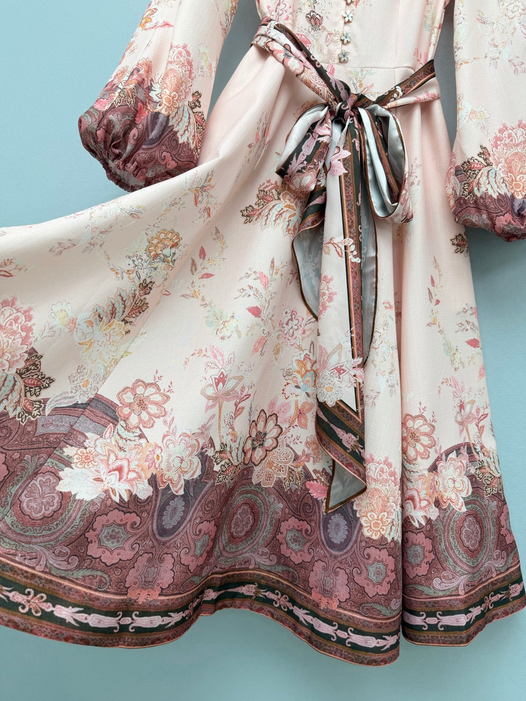 Floral Scarf-Belt High-Neck Maxi Dress - Blush Pink - View 16