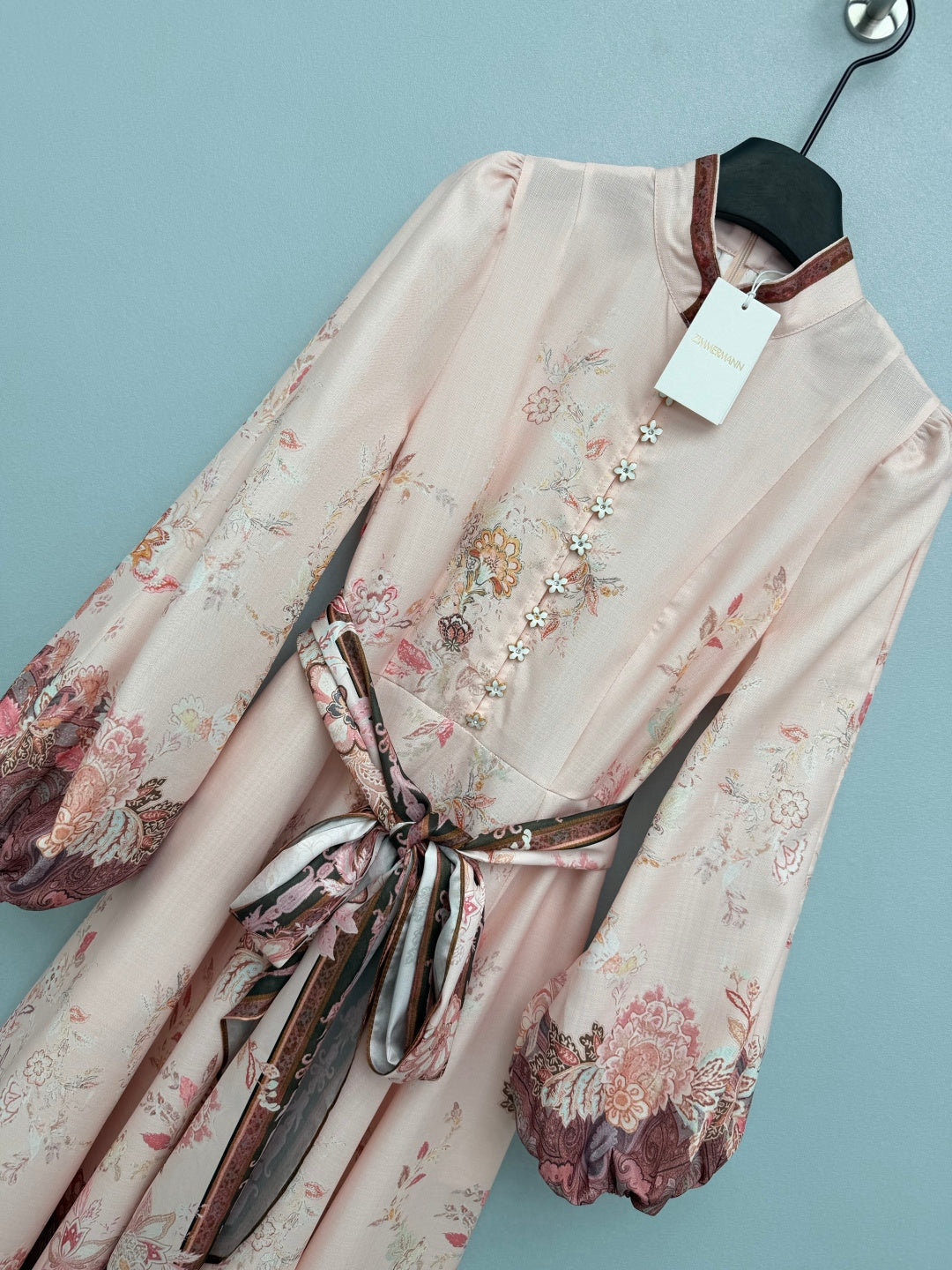 Floral Scarf-Belt High-Neck Maxi Dress - Blush Pink - View 13