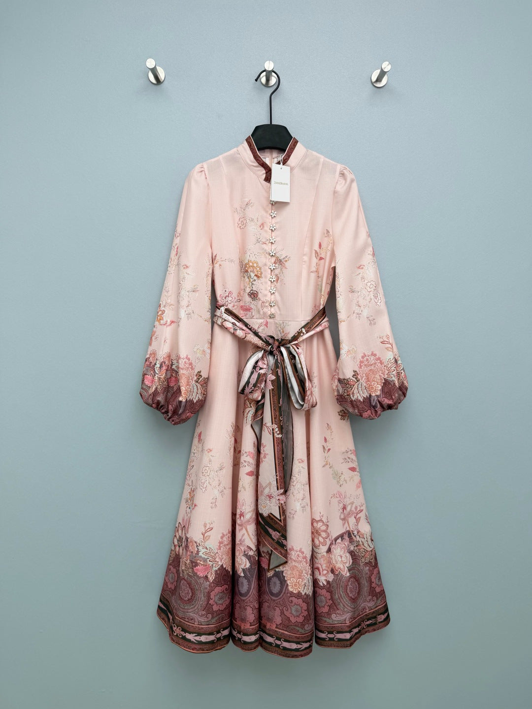 Floral Scarf-Belt High-Neck Maxi Dress - Blush Pink - View 10