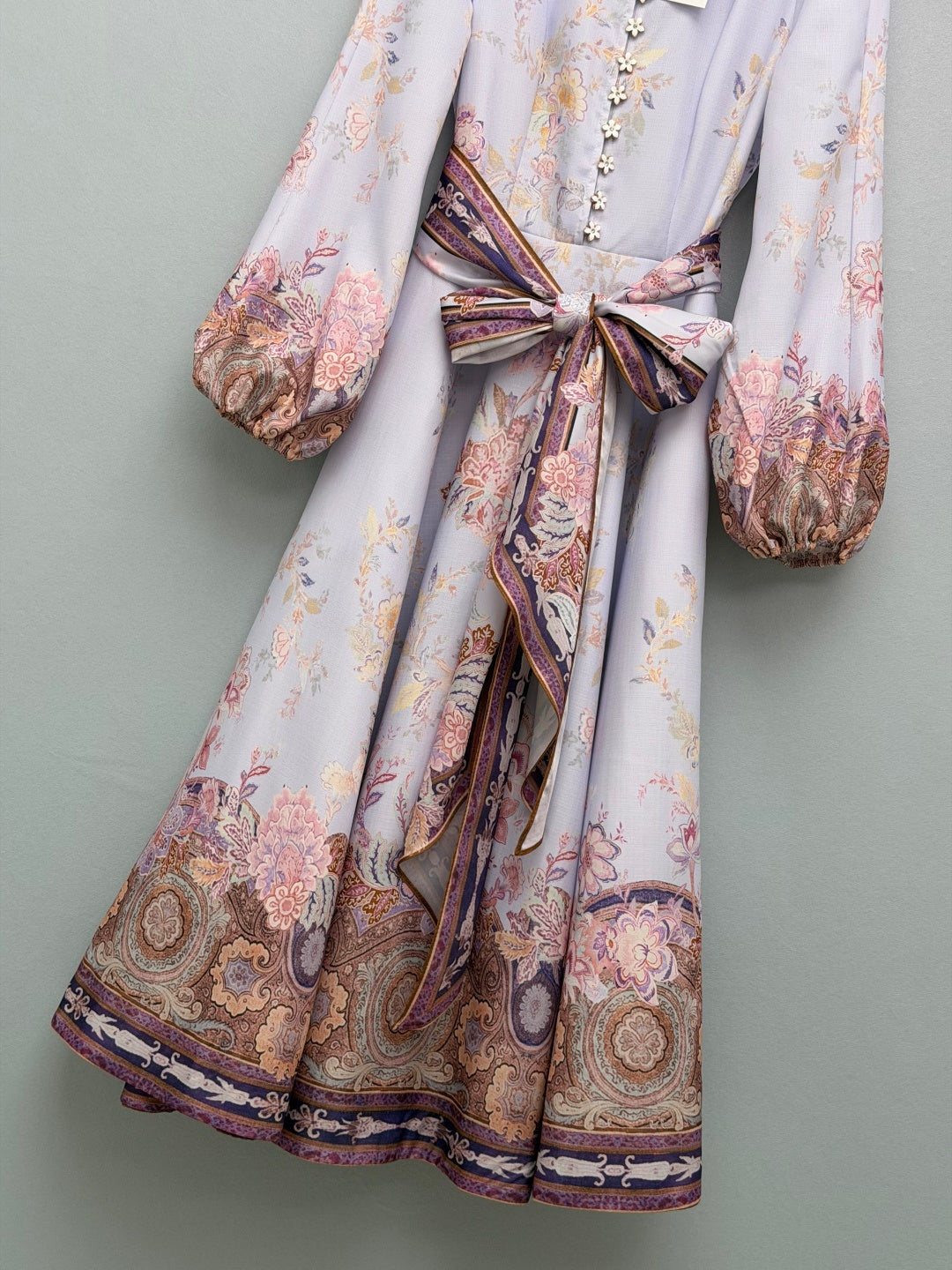 Floral Scarf-Belt High-Neck Maxi Dress - Lavender Multicolor - View 5