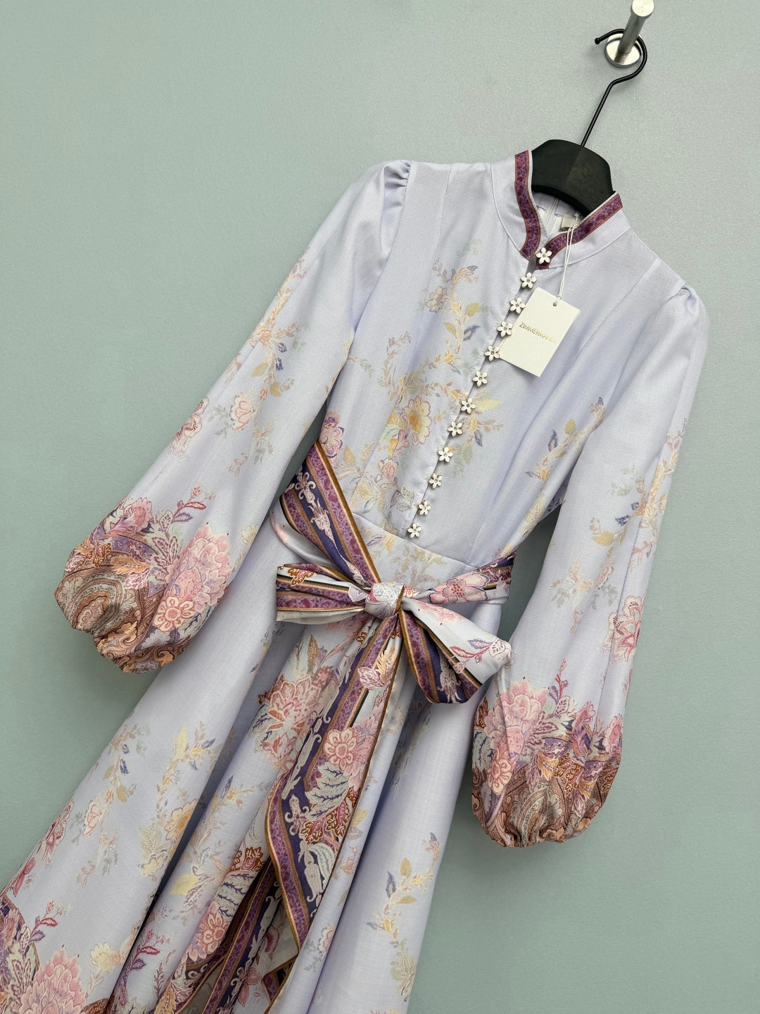 Floral Scarf-Belt High-Neck Maxi Dress - Lavender Multicolor - View 3