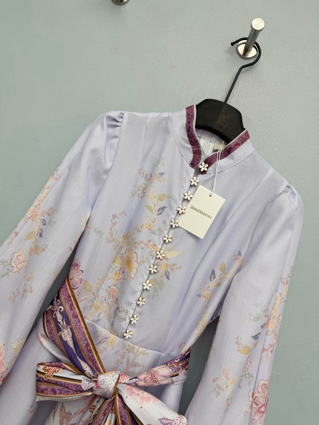 Floral Scarf-Belt High-Neck Maxi Dress - Lavender Multicolor - View 2