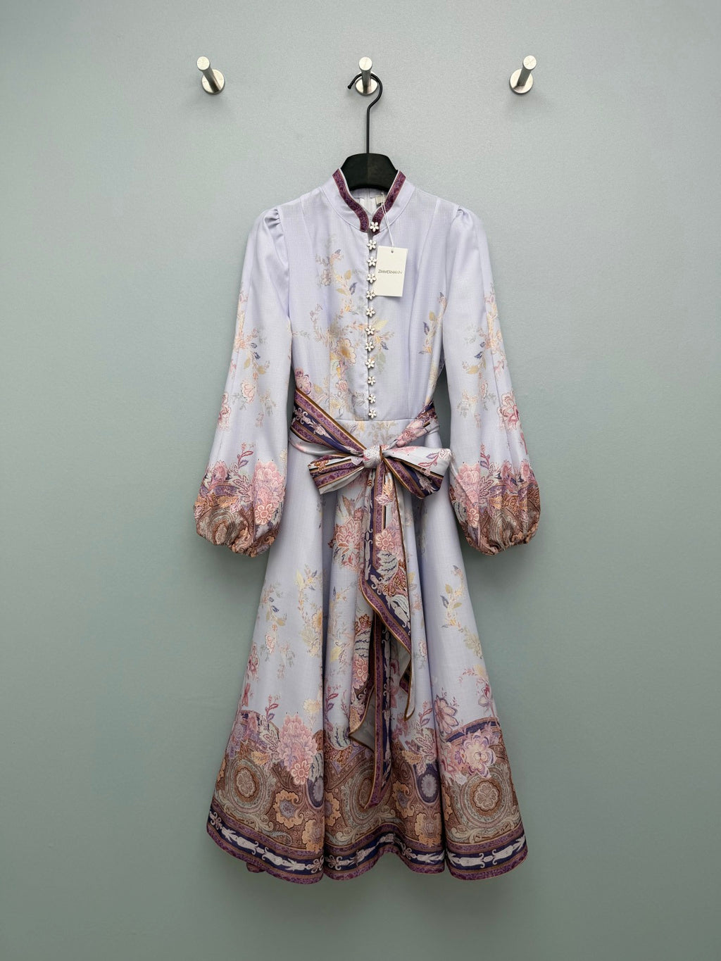 Floral Scarf-Belt High-Neck Maxi Dress - Lavender Multicolor - View 1