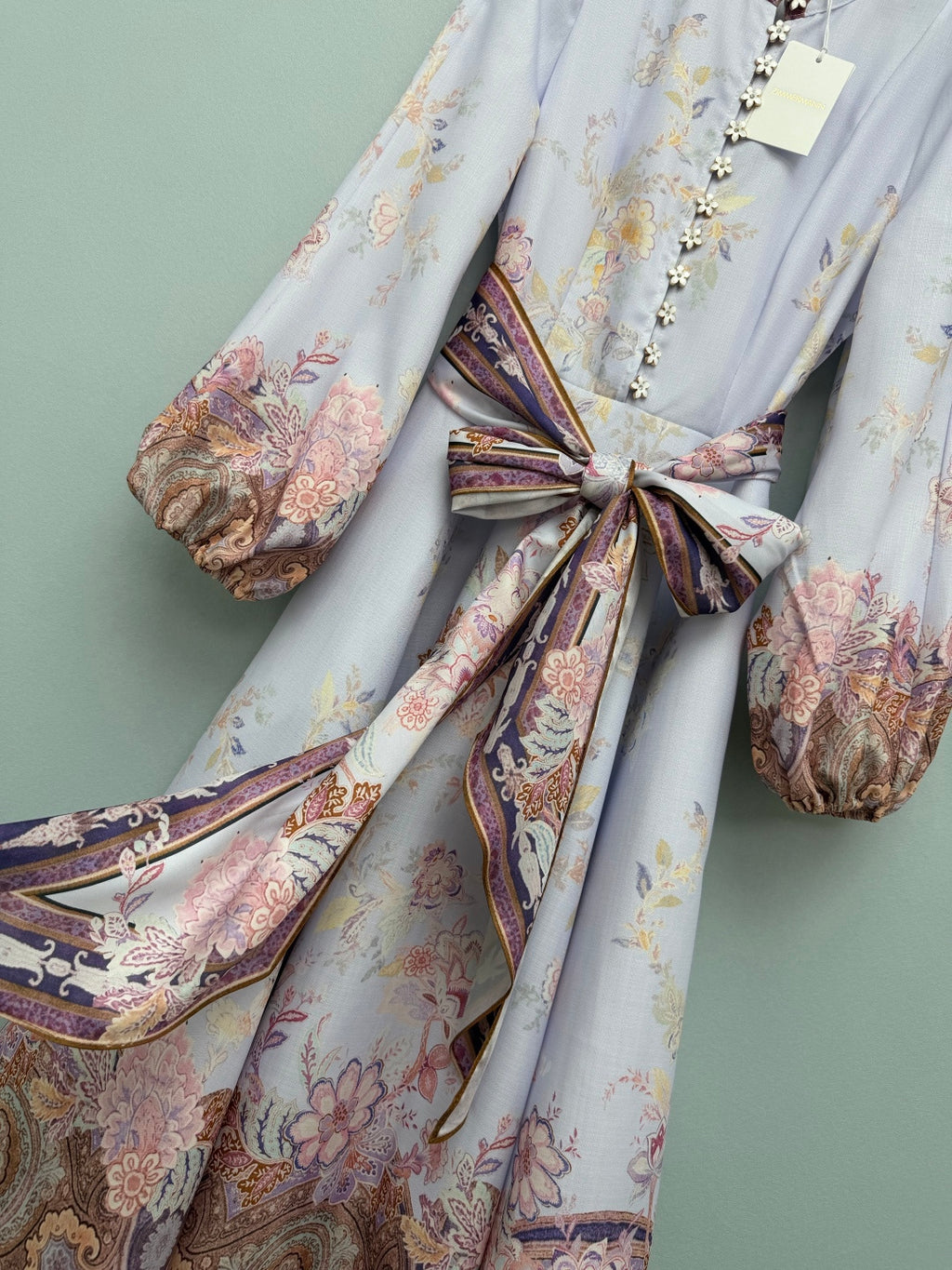 Floral Scarf-Belt High-Neck Maxi Dress - Lavender Multicolor - View 4