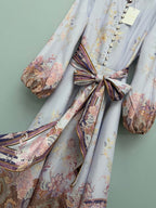 Floral Scarf-Belt High-Neck Maxi Dress - Lavender Multicolor - View 4